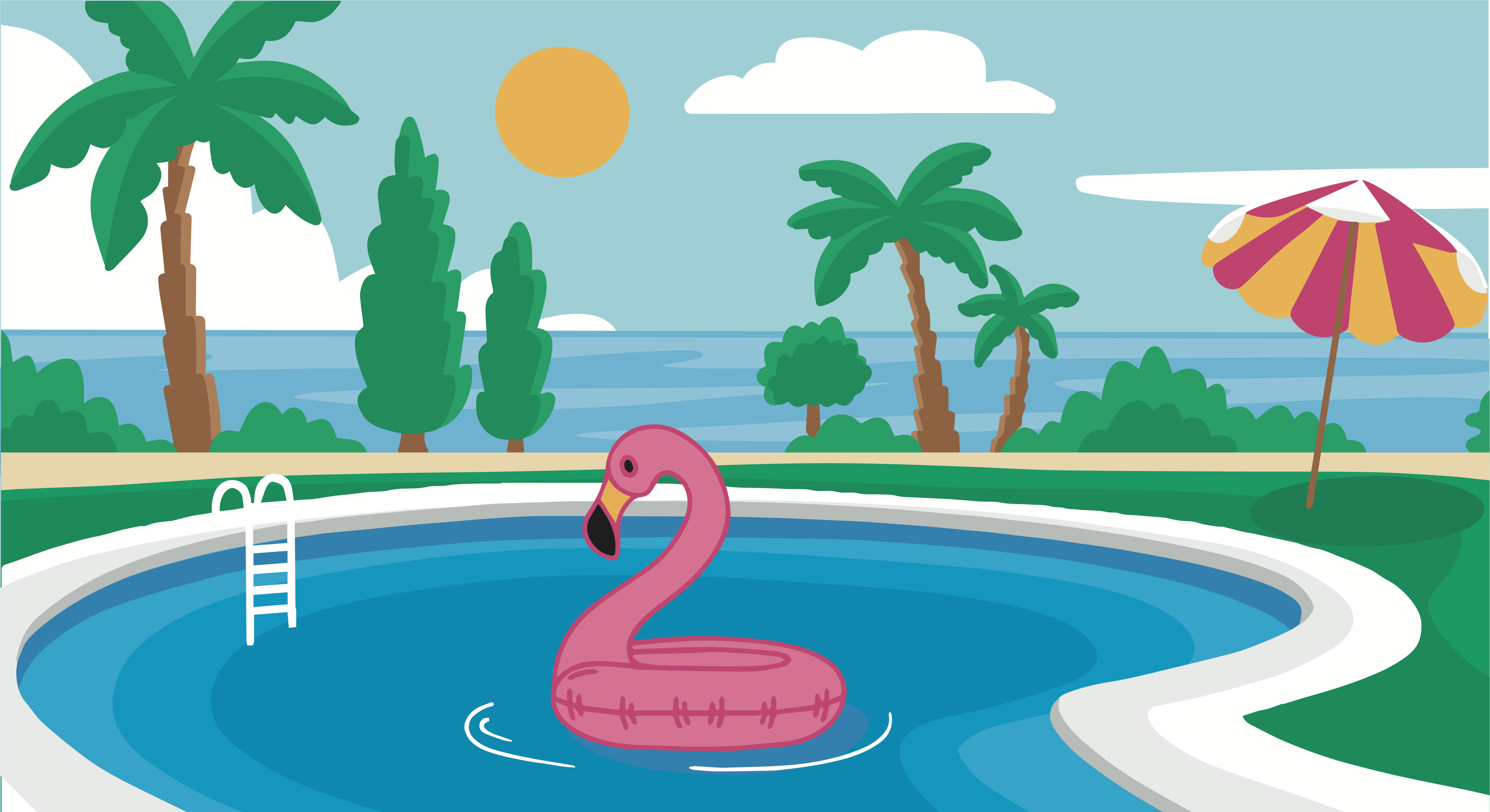 Illustration signature Monac'eau Piscines : piscine cartoon flamant rose bouée été Riviera